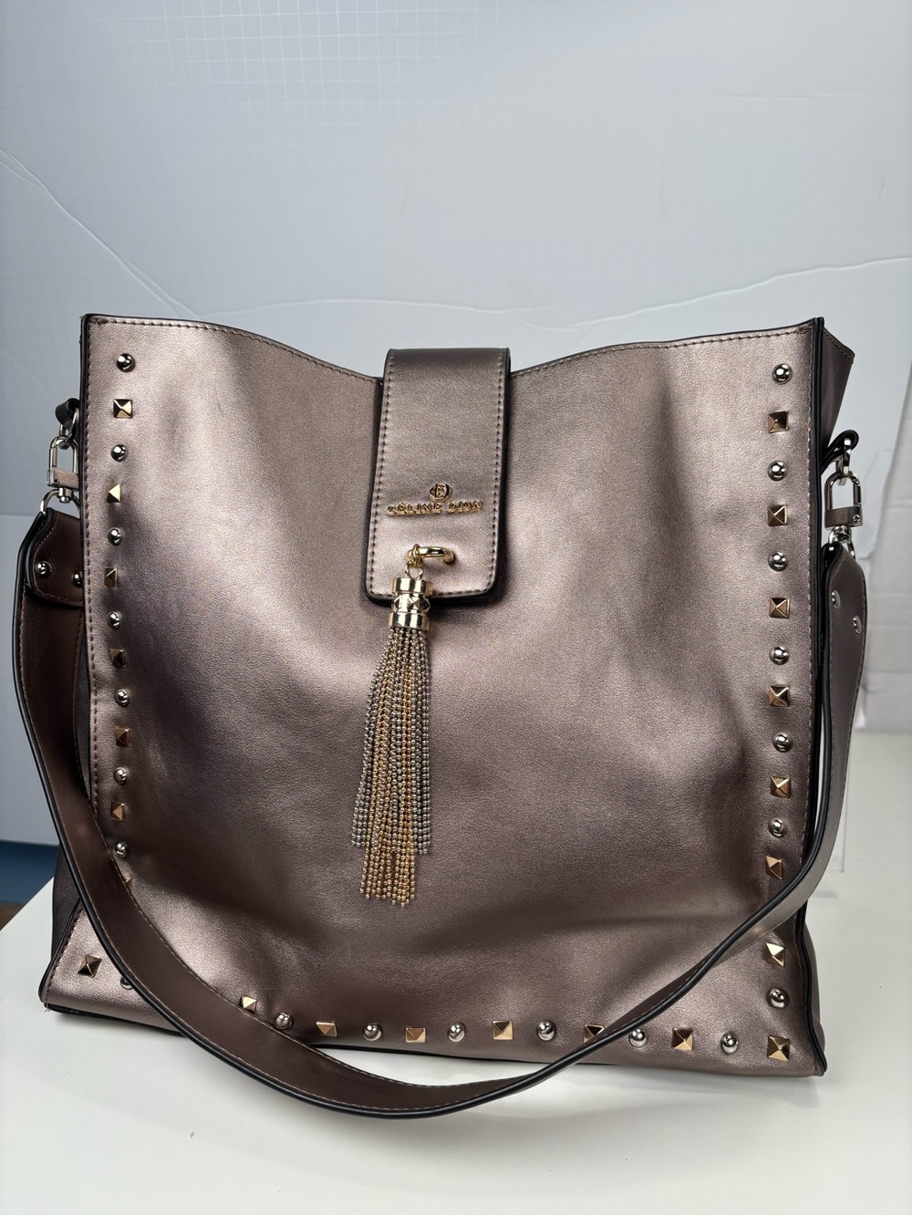 Celine Dion Metallic Pewter Studded Hobo Shoulder Bag with Beaded Tassel
